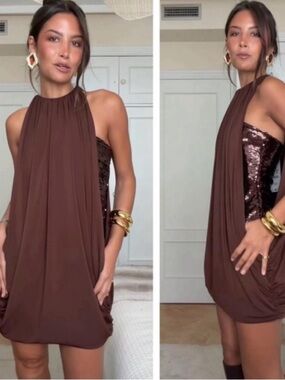 Zara Chocolate Brown Halter Mini Dress with Sequin Bodice